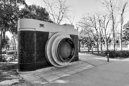 Rimini, Italy - March 2, 2020:  The Camera (1948) - Monument in Federico Fellini park in Rimini. Landmark. Black and white photographyのeditorial素材