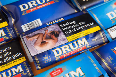 Moscow, Russia - September 17, 2020: Drum The Original. Packs of rolling tobacco close-up