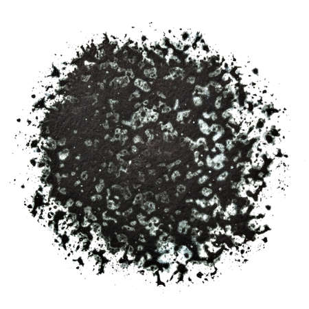 Round black stain with spashes and blots isolated on the white background. Painted texture
