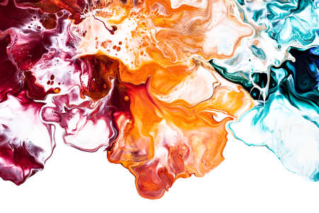 Intricate colorful floral pattern of liquid paint.  Fluid art abstract background with isolated edgeの写真素材