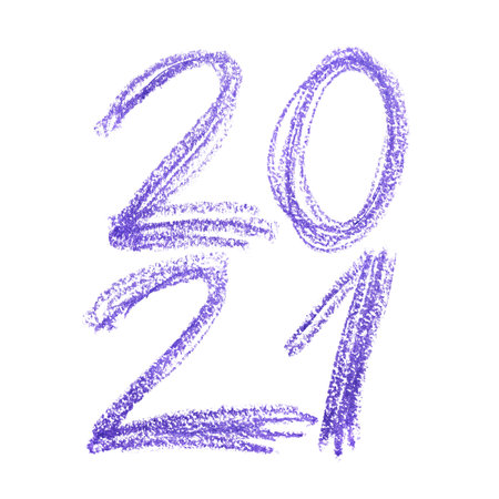 New year 2021. Number by violet crayon isolated on the white backgroundの写真素材