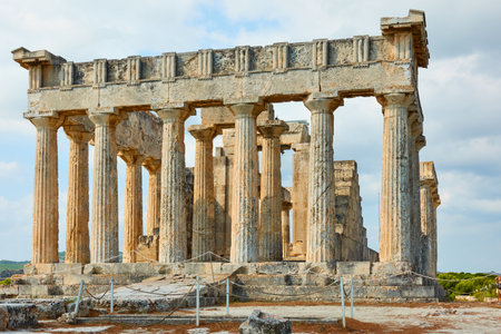 Ruins of the temple of Aphaea, landmark of Aegina Island in Greeceの写真素材