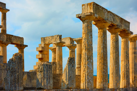 Columns of the Temple of Aphaea, landmark of Aegina Island in Greeceの写真素材