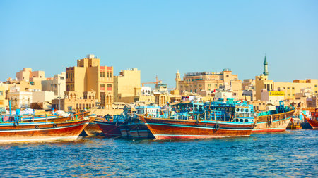 Dubai, UAE - January 31, 2020: Arabian Dhow boats on the berth in Deira in Dubai, United Arab Emiratesのeditorial素材
