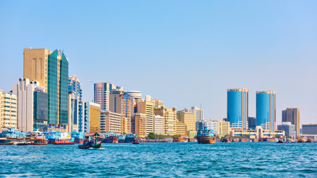 Dubai, UAE - January 31, 2020:  Panoramic view The Dubai Creek and buildings in Deira, United Arab Emiratesのeditorial素材