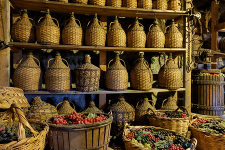 Bottles with wine and baskets with grapes in old wine cellarの写真素材