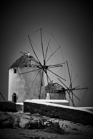 Greek rural landscape with windmills. Mykonos island, Greece. Black and white photographyの写真素材