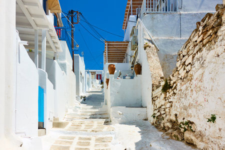 Uphill street in Chora town in Mykonos island. Greece,  Greek architecture, cityscapeの写真素材
