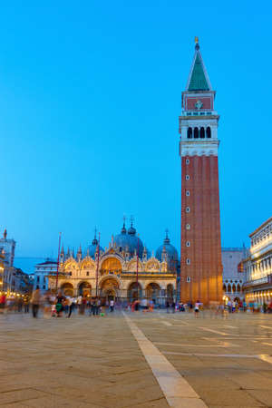 The Saint Mark's square with The Campanile and Basilica in Venice at twilight, Italy. Landmarks, venetian cityscapeの写真素材