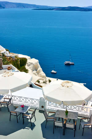 Sea in Greece. Small cafe in Santorini islandの写真素材