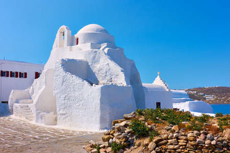 Mykonos Island in Greece. Greek Panagia Paraportiani church in Chora town.の写真素材