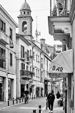 Rimini, Italy - February 25, 2020: Corso d'Augusto shopping street in the Old town of Rimini. Black and white photography, cityscapeのeditorial素材
