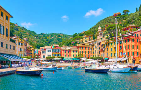 Portofino, Italy - July 1, 2019: Harbour vith boats in Portofino - famous resort on the Italian riviera in Liguriaのeditorial素材