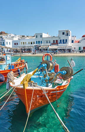 Mykonos, Greece - April 22, 2018:  Fishing boats in the Old Port of Mykonosのeditorial素材