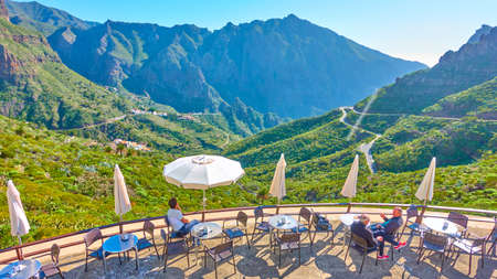 Masca, Tenerife, Spain - December 10, 2019: Cafe with scenic panoramic view near Masca village in Tenerife Island, The Canariesのeditorial素材