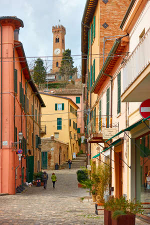 Santarcangelo di Romagna town, Emilia-Romagna, Italy - February 26, 2020: Old street  in Santarcangelo di Romagna town. Italian cityscapeのeditorial素材