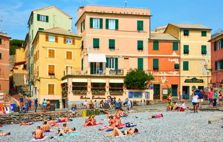 Genoa, Italy - July 7, 2019: Boccadasse beach in Genoa with sunbathing people on sunny summer dayのeditorial素材