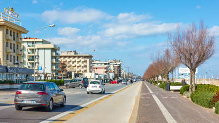 Rimini, Italy - February 25, 2020:  Giuseppe di Vittorio street alond the sea with hotels and beaches in Rimini , Emilia-Romagnaのeditorial素材
