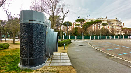 Rimini, Italy - March 2, 2020:  The Camera (1948) - Monument in Federico Fellini park in front of the Grand Hotel in Rimini. Landmark, panoramic cityscapeのeditorial素材