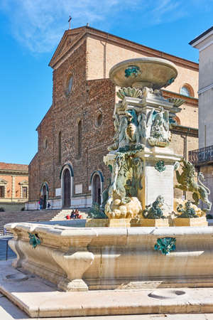 Faenza, Italy - February 27, 2020: Cathedral of Saint Peter the Apostle and fountain on Piazza Liberta in Faenza, Emilia-Romagna, Italyのeditorial素材