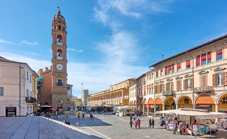 Faenza, Italy - February 27, 2020: View of Piazza del Popolo with weekly market in Faenza, Emilia-Romagna, Italyのeditorial素材