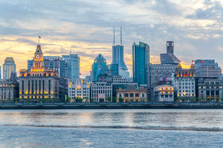 Shanghai, China - April 10, 2014: The Bund waterfront in Shanghai city at duskのeditorial素材