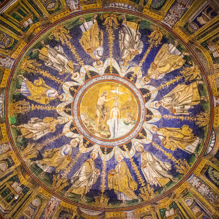 Ravenna, Italy - October 14, 2016: Mosaic cupola in the Neoniano Baptistery in Ravenna - John the Baptist baptizing Jesus and the Apostles round. Masterpiece of byzantine iconography, cerca 5th centuryのeditorial素材