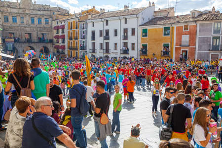 Cuenca, Spain - September 18, 2015: Crowd of people in Plaza Mayor in Cuenca during The San Mateo fiesta before bull runningのeditorial素材