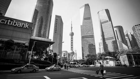 Shanghai, China - April 8, 2014: Black and white panoramic view of Pudong New Area in Shanghai city. Wide angle shotのeditorial素材