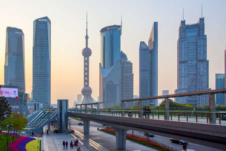 Shanghai, China - April 9, 2014: Pudong district in Shanghai at duskのeditorial素材
