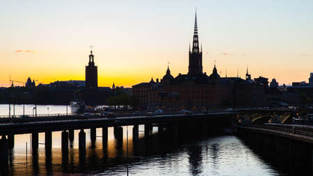 Silhouette of the Old Town of Stockholm at dusk, Swedenの写真素材