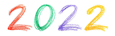 New year 2022 - Cursive colorful numbers by crayon on the white backgroundの写真素材