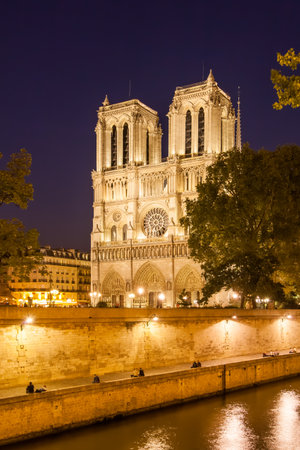 Notre Dame de Paris at night, Franceの写真素材