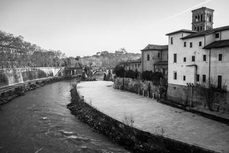 Tiber river in Rome. Black and white photography, cityscapeの写真素材