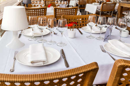 Fine table setting at restaurant ready to serve lunchの写真素材