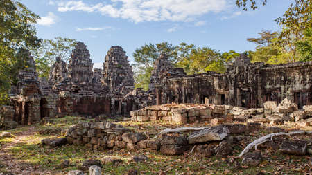 Ancient ruins of a temple in the Angkor, Cambodia. Panoramic viewの写真素材