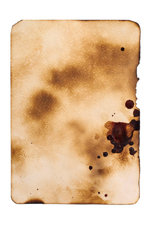 Old stained paper page isolated on the white backgroundの写真素材