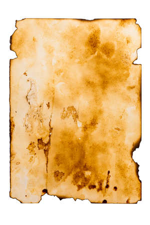 Burnt and torn piece of paper isolated on the white backgroundの写真素材