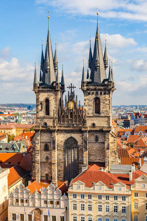 Church of Mother of God before Tyn in Prague closeup, Czech Republicの写真素材