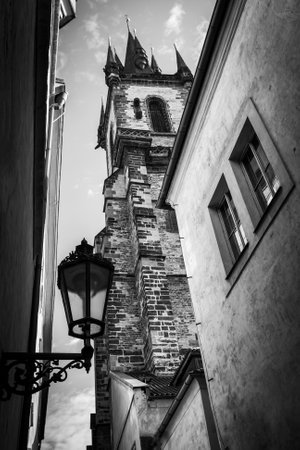 Medieval street in the Old Town of Prague, Czechia. Black and white photography, cityscapeの写真素材
