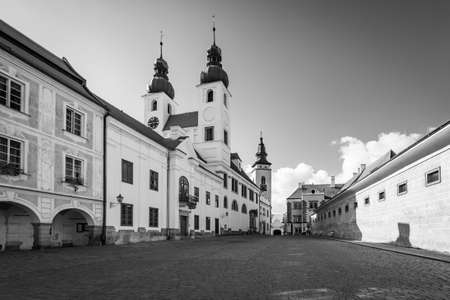 Square in Telc town, Czechia. Black and white viewの写真素材