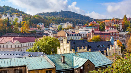 Roofs of Karlovy Vary town, Czech Republic.  Panoramic cityscapeの写真素材