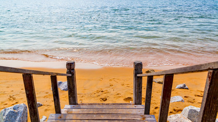 Sea and stairs to the sandy beach, Jomtien, Pattaya, Thailandの写真素材