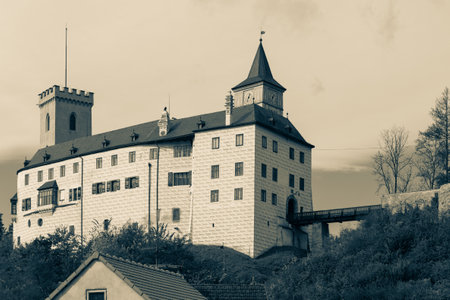 Rozmberk nad Vltavou, Czech Republic - October 4, 2009: Rozmberk Castle situated in South Bohemia. Black and white image, sepiaのeditorial素材