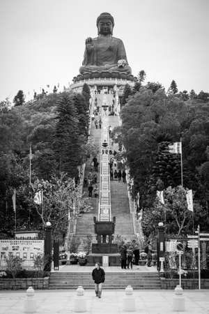 Hong Kong, China - December 16, 2010: The Big Buddha in Hong Kong near Po Lin Monastery. Black and white photographyのeditorial素材