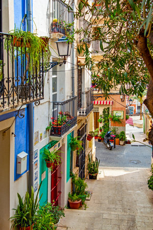 Alicante, Spain - June 2, 2014: Small cozy street in the old town of Alicanteのeditorial素材