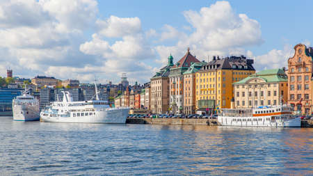 Stockholm, Sweden - May 21, 2015: Waterfront with moored ships in the Old Town of Stockholm (Gamla stan)のeditorial素材