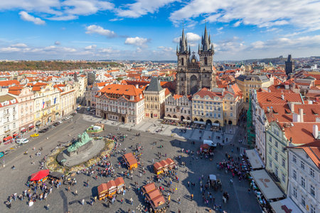 Prague, Czech Republic - October 6, 2009: The Old Town Square in Prague from above. Cityscapeのeditorial素材