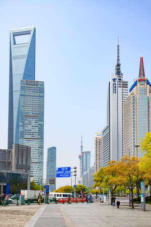 Shanghai, China - April 14, 2014: View of street in the Pudong New Area in Shanghai. Cityscapeのeditorial素材