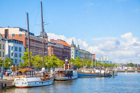 Helsinki, Finland - July 26, 2017: Colorful waterfront with boats by quayside in Helsinkiのeditorial素材